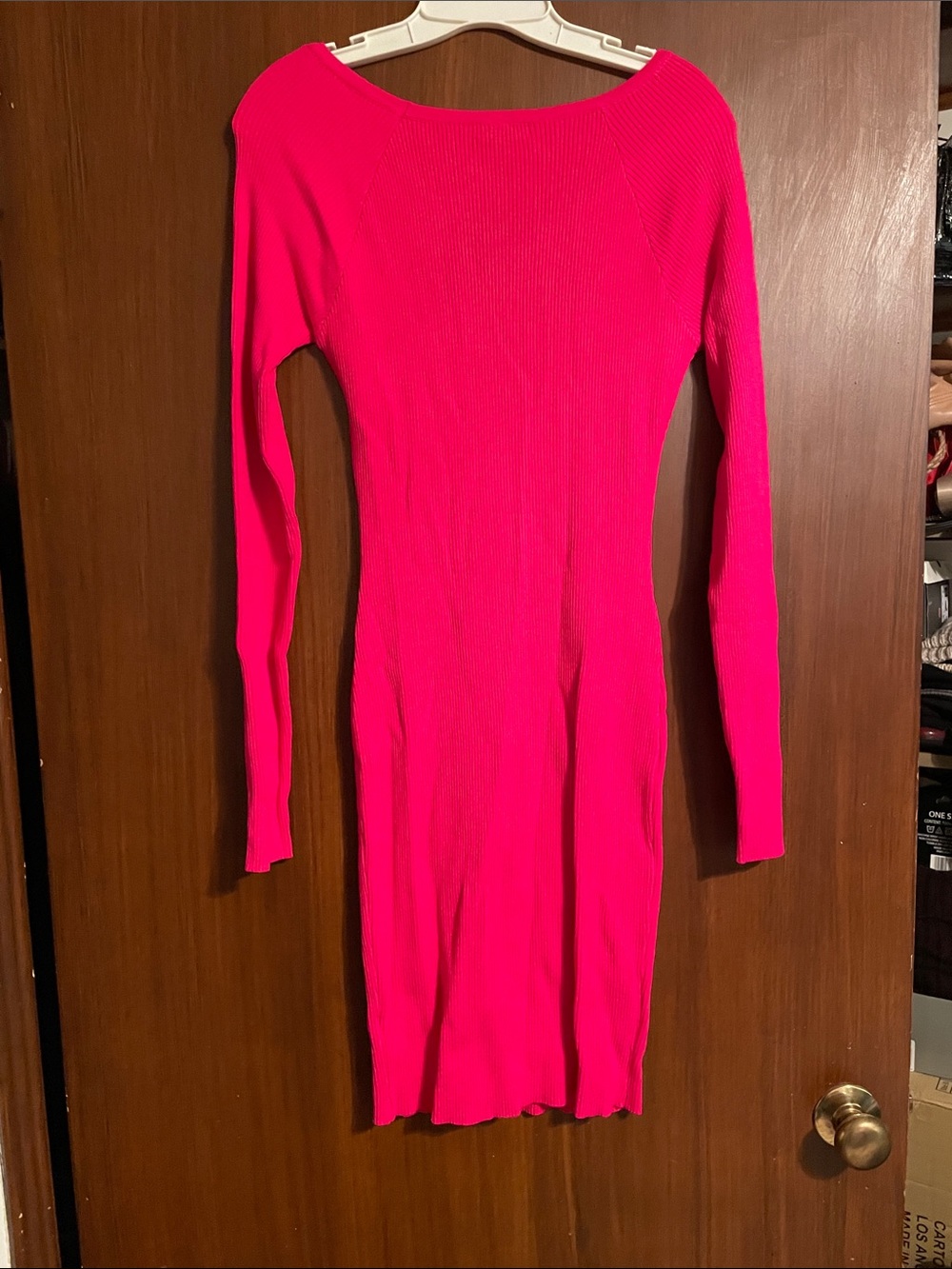 Fashion Nova Neon Pink Ribbed Long Sleeve Cutout Bodycon Dress - Picture 3 of 6